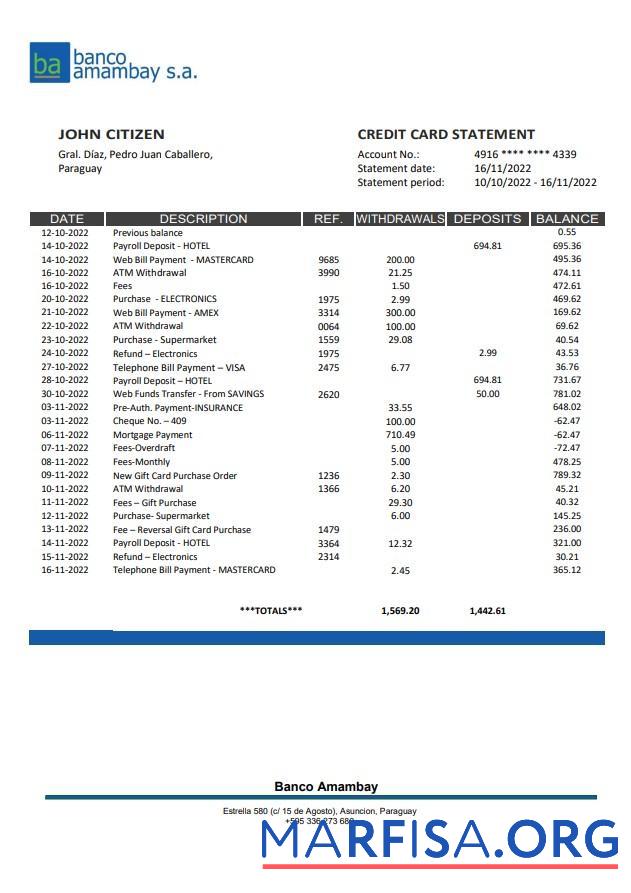 Downloadable Paraguay Banco Amambay bank statement word real example